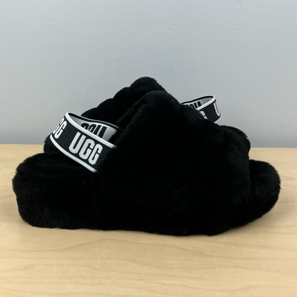 UGG Women’s Size 6.0 Fluff Yeah Shearling Slide Slippers Black Chunky - Picture 2 of 11